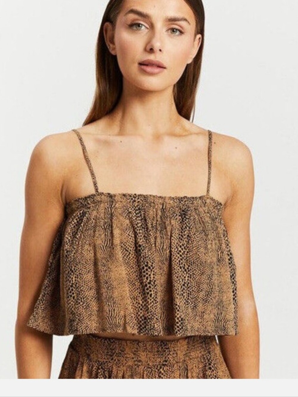 Animal-Print Cropped Overlay Smoked Shelf Bra Spaghetti-Strap Top Fairy Beachy L